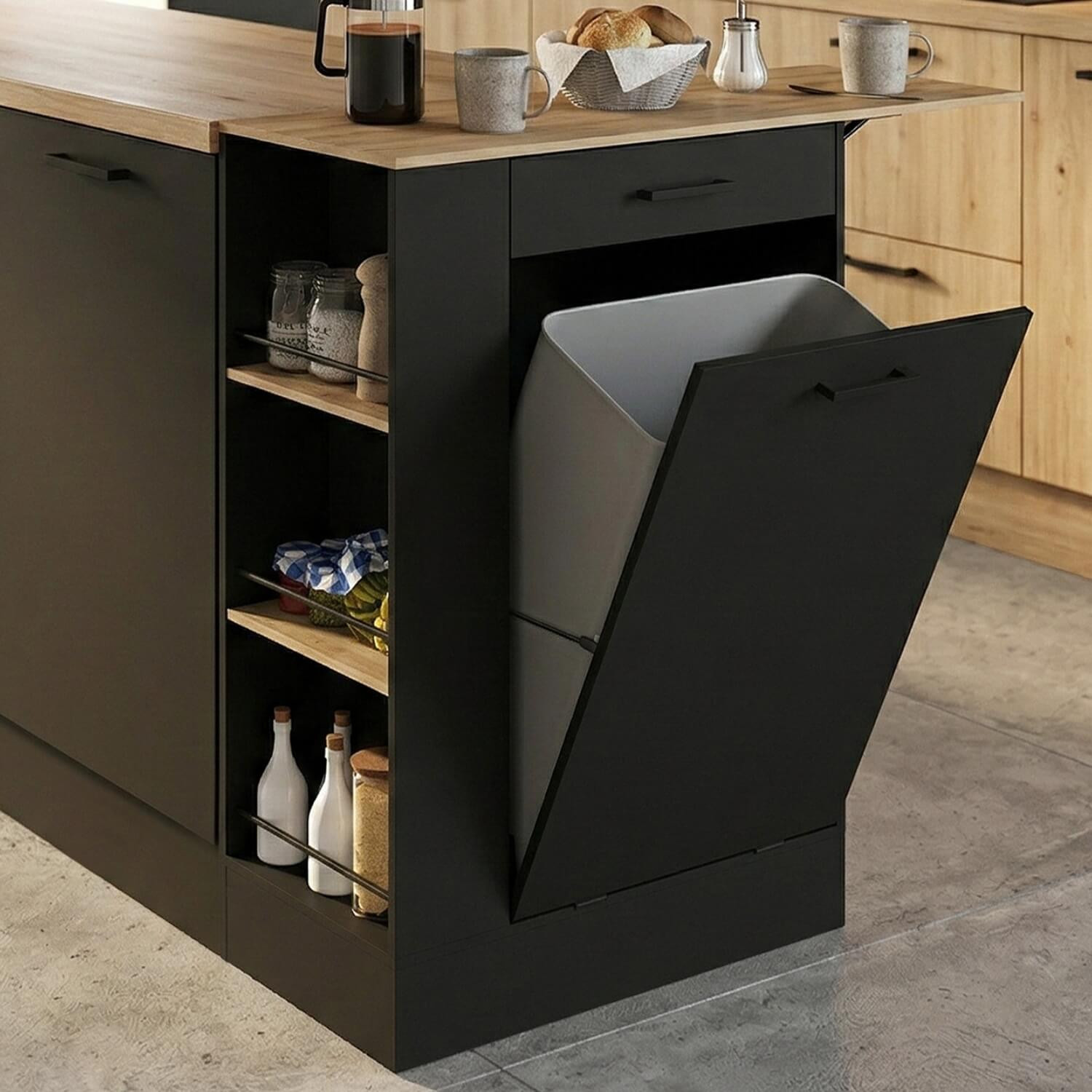 Buffet de cuisine compact 90 cm TIBO avec espace poubelle, tablette rabattable, 1 tiroir et 3 étagères latérales bois et noir