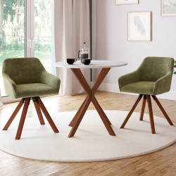 Lote de 2 sillas giratorias de comedor JANY y sillones de mesa en tela de chenilla verde con patas de nogal
