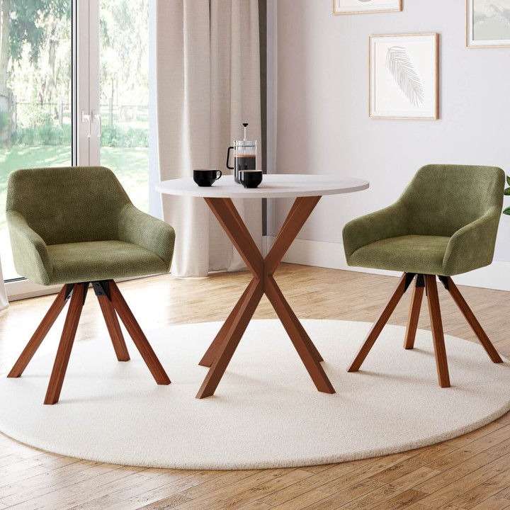 Set di 2 sedie girevoli a 360° da sala da pranzo, sedie da tavolo JANY in tessuto chenille verde e con base in noce