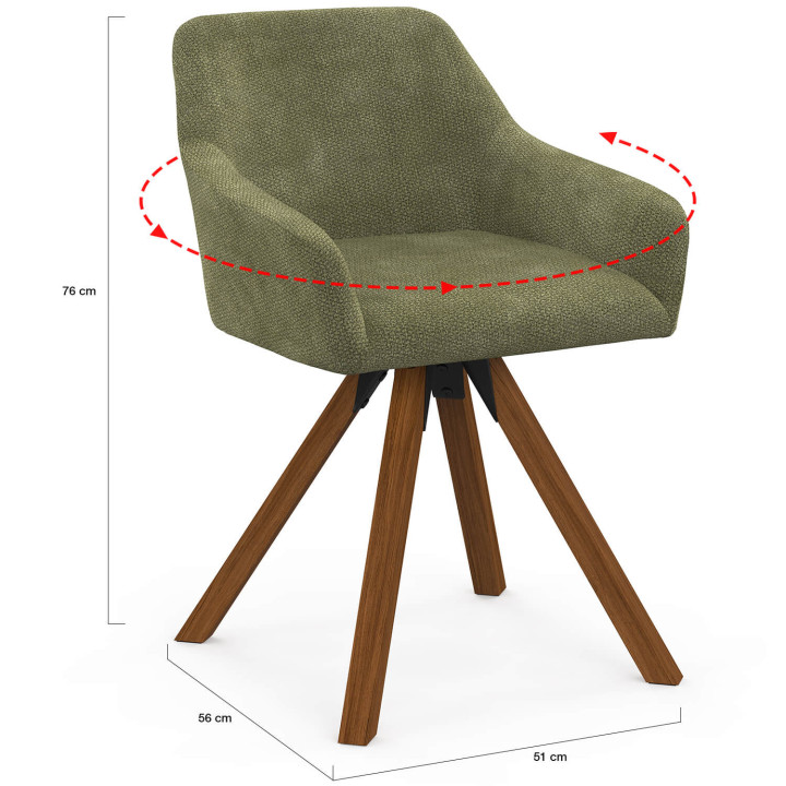Set di 2 sedie girevoli a 360° da sala da pranzo, sedie da tavolo JANY in tessuto chenille verde e con base in noce
