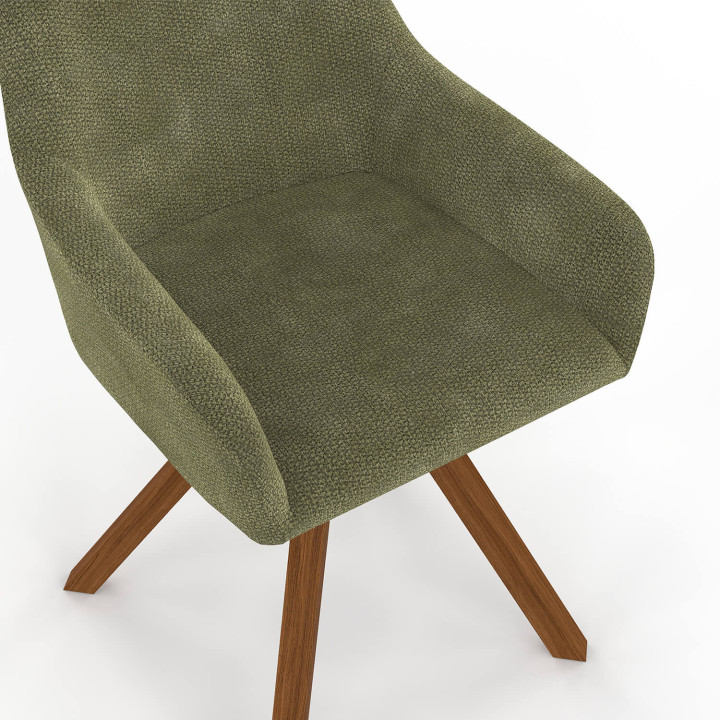 Set di 2 sedie girevoli a 360° da sala da pranzo, sedie da tavolo JANY in tessuto chenille verde e con base in noce