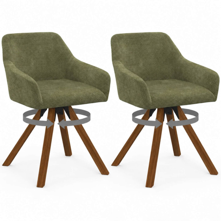 Set di 2 sedie girevoli a 360° da sala da pranzo, sedie da tavolo JANY in tessuto chenille verde e con base in noce