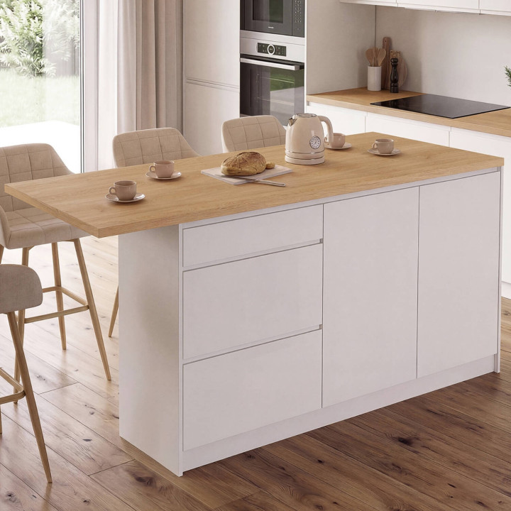 Isla central de cocina con mesa alta para 4 personas PACO, de 180 cm, con armario para ollas de 3 cajones y 2 puertas, en color