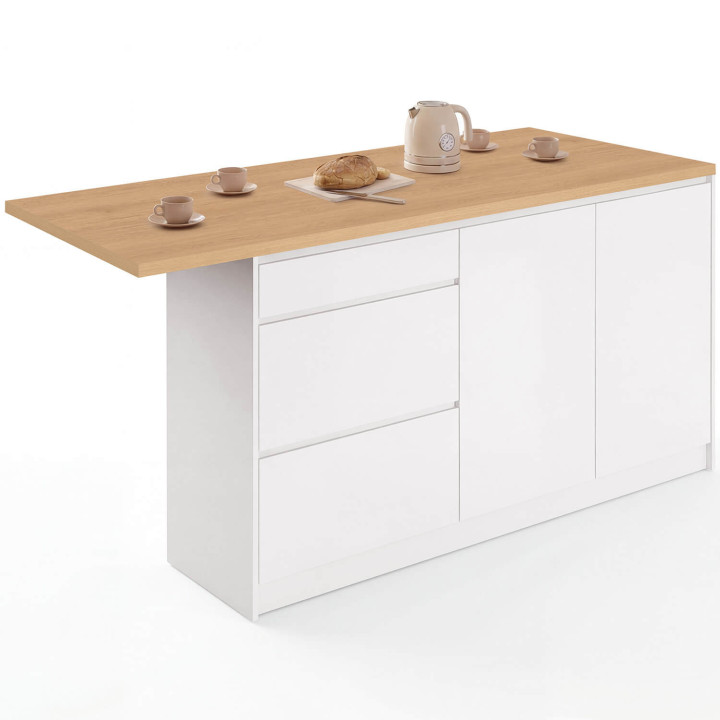 Centraal eiland met sta-tafel voor 4 personen, PACO 180 cm, met 3 lades en 2 deuren, wit, met werkblad in beukenhoutlook