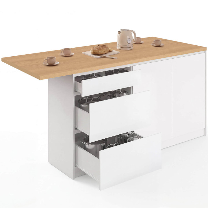 Ilot central PACO 180 cm 3 tiroirs casserolier et 2 portes bois blanc avec plan de travail façon hêtre