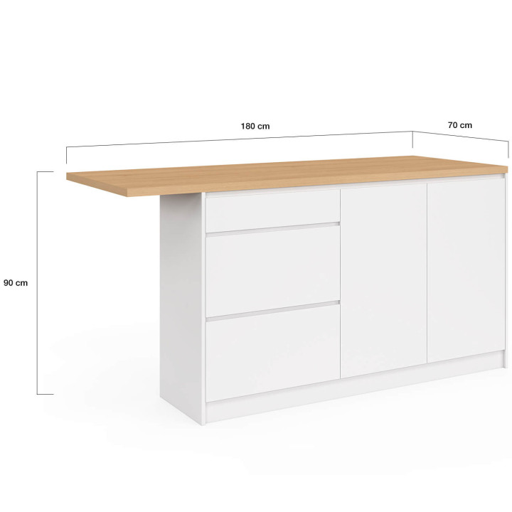 Isola centrale da pranzo alta per 4 persone PACO, 180 cm, con mobile porta-pentole a 3 cassetti e 2 ante, bianco, con piano di l