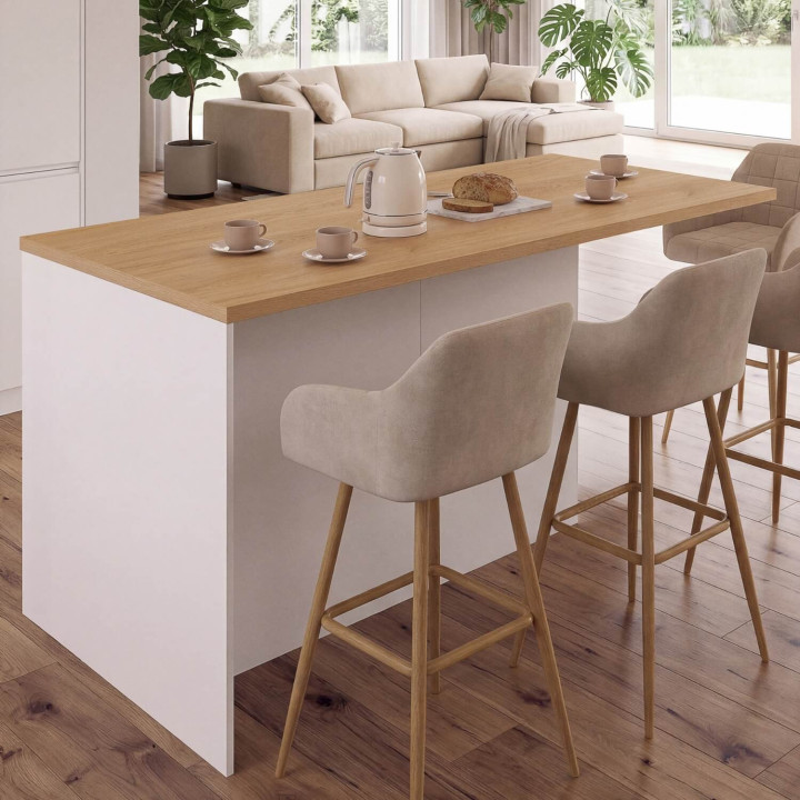 Centraal eiland met sta-tafel voor 4 personen, PACO 180 cm, met 3 lades en 2 deuren, wit, met werkblad in beukenhoutlook