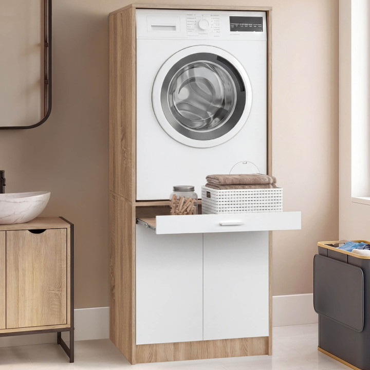 Mueble elevador para lavadora o secadora WALLIS con bandeja deslizante para la cesta de la ropa y armario en madera y blanco