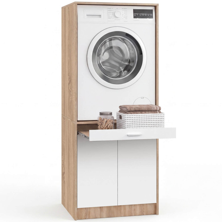 Mueble elevador para lavadora o secadora WALLIS con bandeja deslizante para la cesta de la ropa y armario en madera y blanco