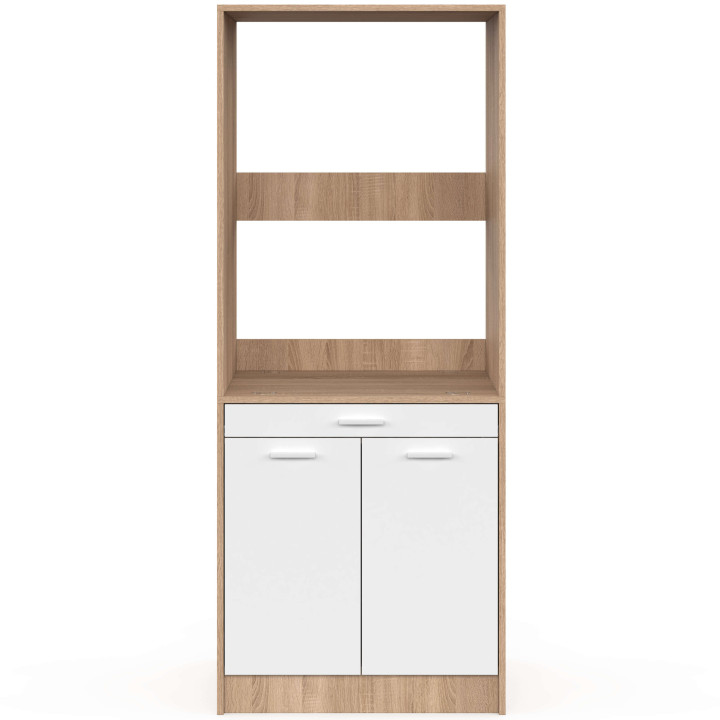Mueble elevador para lavadora o secadora WALLIS con bandeja deslizante para la cesta de la ropa y armario en madera y blanco