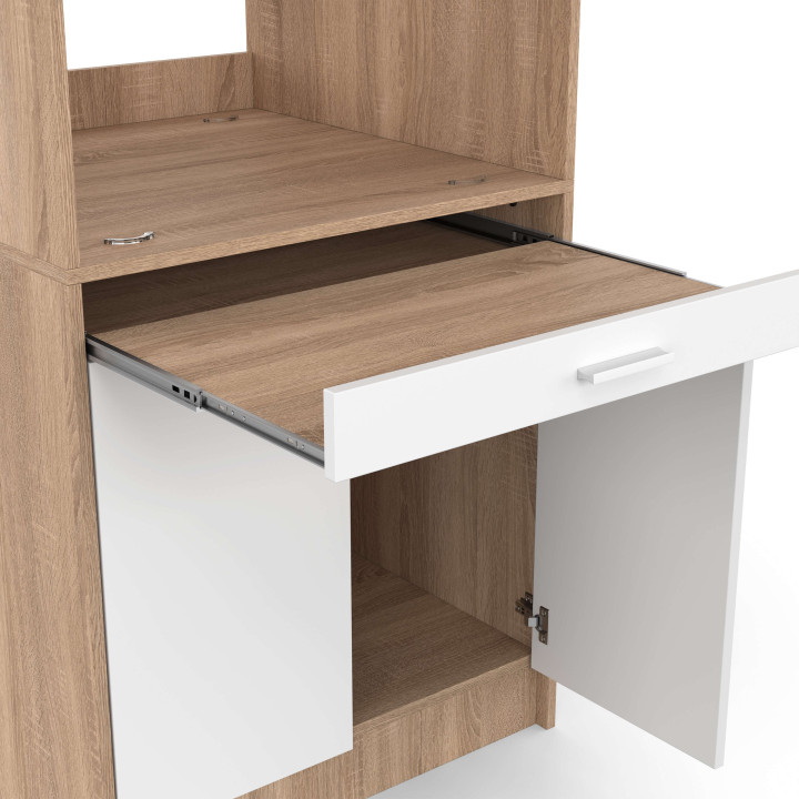 Verhoogmeubel voor wasmachine of droger WALLIS met uitschuifbaar blad voor wasmand en kast in hout en wit