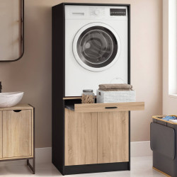 Verhoogmeubel voor wasmachine of droger WALLIS met uitschuifbaar blad voor wasmand en kast in zwart en hout