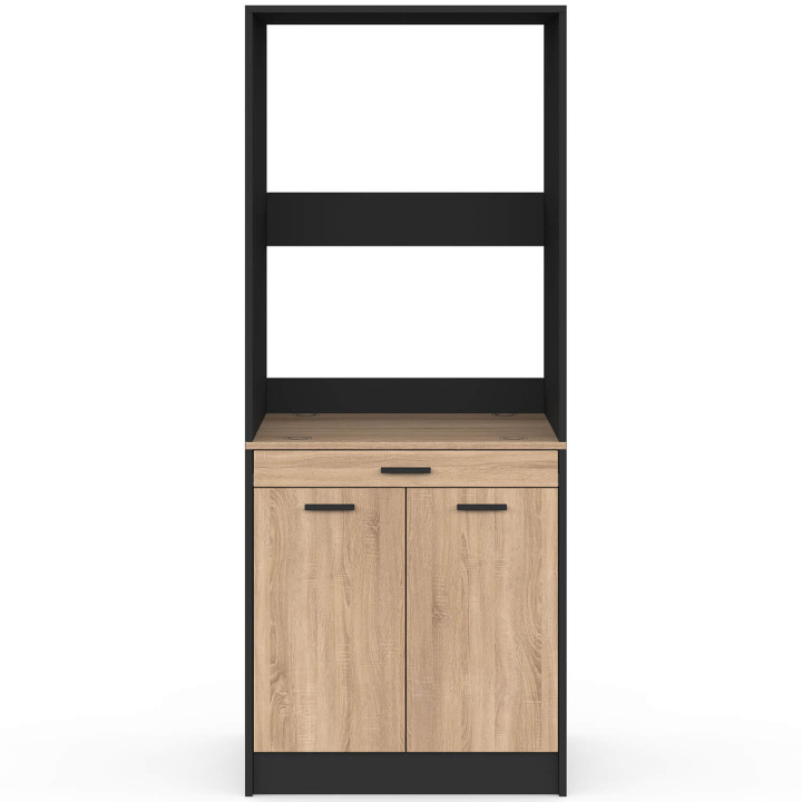 Mueble elevador para lavadora o secadora WALLIS con bandeja deslizante para la cesta de la ropa y armario en negro y madera