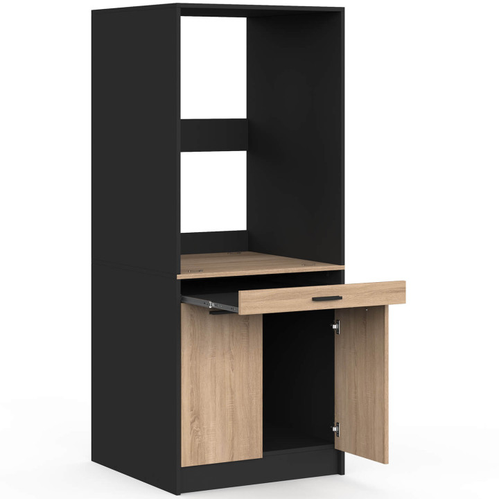 Waschmaschinen- oder Wäschetrockner-Unterbau „WALLIS“ mit ausziehbarer Ablage für den Wäschekorb und Schrank in Schwarz und Holz