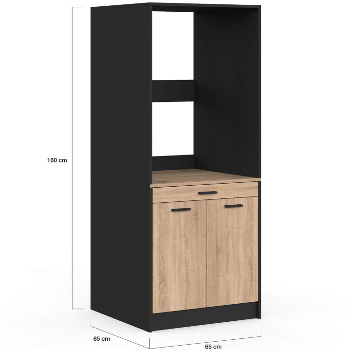 Waschmaschinen- oder Wäschetrockner-Unterbau „WALLIS“ mit ausziehbarer Ablage für den Wäschekorb und Schrank in Schwarz und Holz