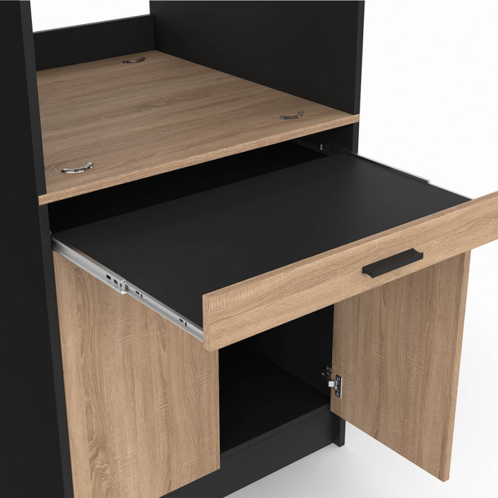 Waschmaschinen- oder Wäschetrockner-Unterbau „WALLIS“ mit ausziehbarer Ablage für den Wäschekorb und Schrank in Schwarz und Holz