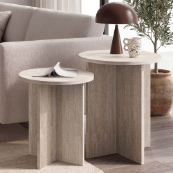 Set van 2 ronde bijzettafels, salontafels, nachtkastjes MARTHE 35/40 cm, hout met travertin-look