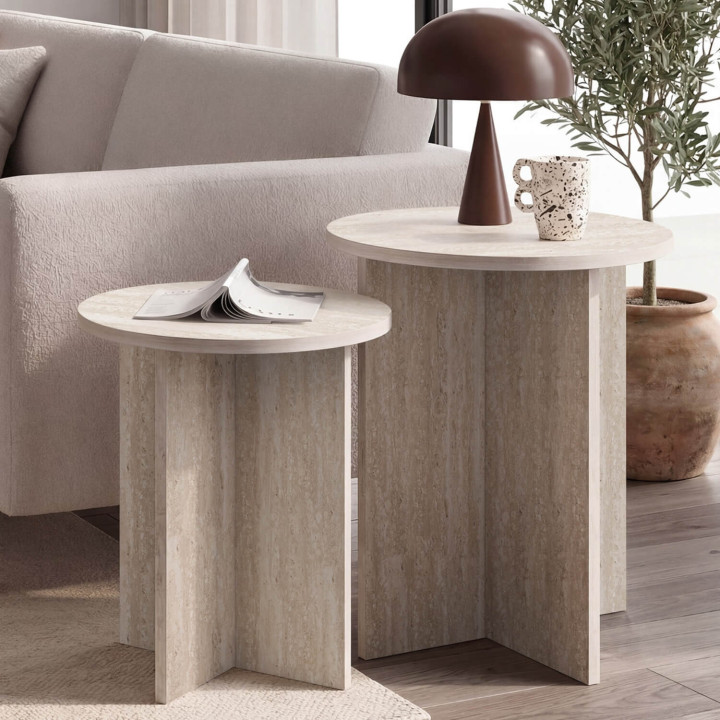 Lot de 2 tables d'appoint rondes, bouts de canapé MARTHE 40 cm bois effet travertin