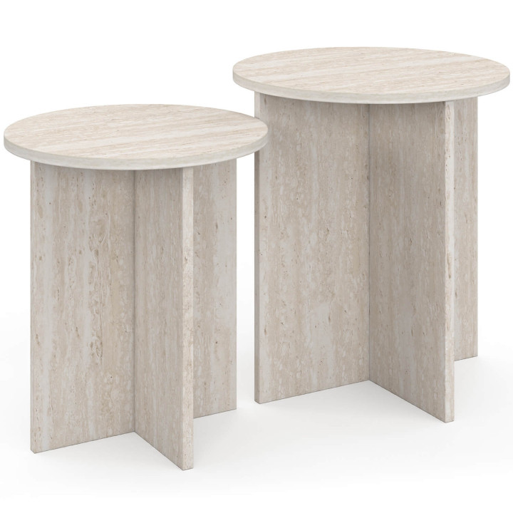 Lote de 2 mesitas auxiliares redondas, mesitas de salón y mesitas de noche MARTHE de 35/40 cm, de madera con efecto travertino