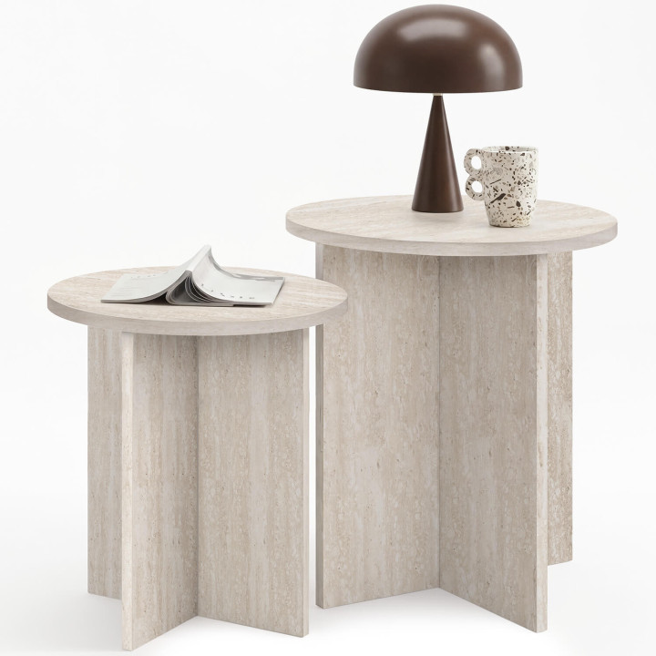 Lot de 2 tables d'appoint rondes, bouts de canapé MARTHE 40 cm bois effet travertin