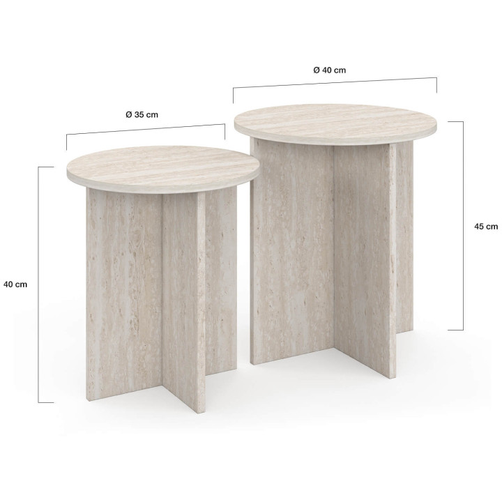 2er-Set runde Beistelltische, Sofatische, Nachttische MARTHE 35/40 cm, Holz in Travertin-Optik