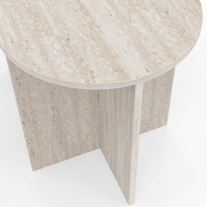 Lote de 2 mesitas auxiliares redondas, mesitas de salón y mesitas de noche MARTHE de 35/40 cm, de madera con efecto travertino