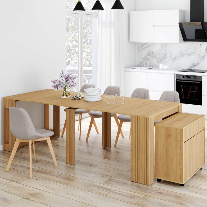 Mesa de comedor extensible JULIETTE para 10 personas, 235 cm, con diseño de listones y travesaños de madera en color roble