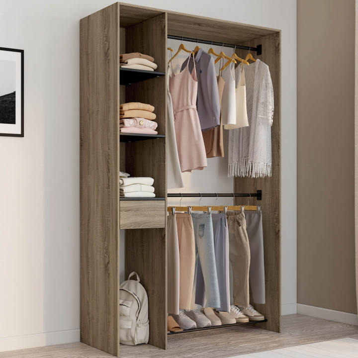 Armadio doppio L. 110 cm con ripiani + cassetto + scarpiera, faggio e nero - MIRTY