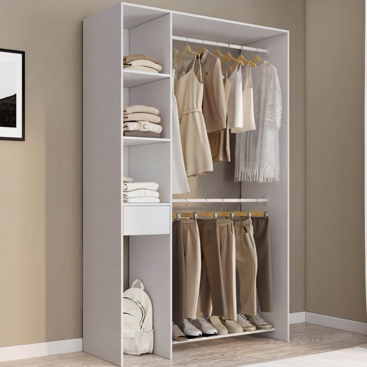 Cabina armadio doppia L. 110 cm MIRTY con ripiani + cassetto + vano porta scarpe bianco