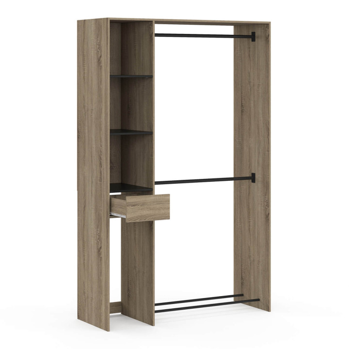 Armadio doppio L. 110 cm con ripiani + cassetto + scarpiera, faggio e nero - MIRTY