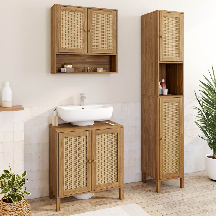 Mobile da bagno sospeso HANAE con 2 ante e ripiano, effetto intrecciato naturale