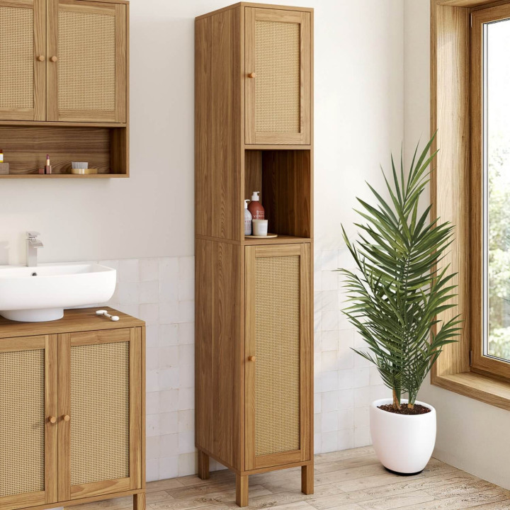 Mobile a colonna da bagno HANAE a 2 ante e 1 nicchia, effetto naturale intrecciato