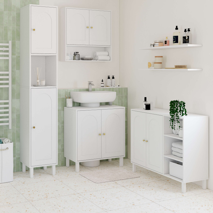 Mobili da bagno, mobili contenitori per soggiorno e ingresso ARSENE a 3 ripiani con armadio in legno bianco