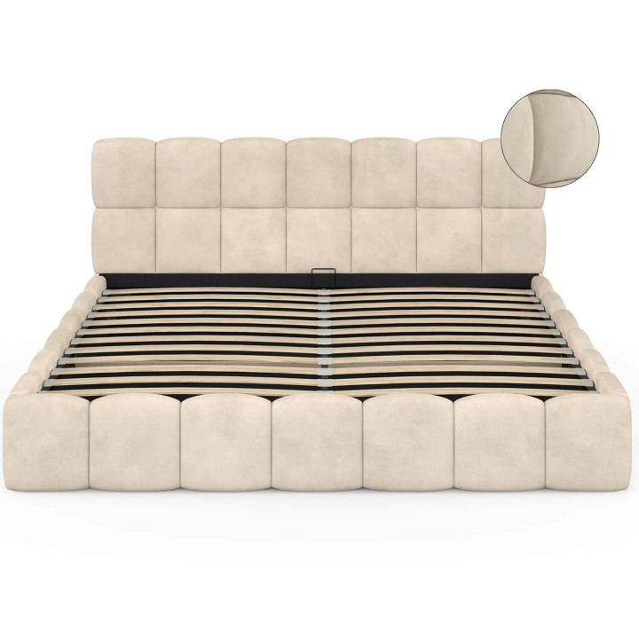 Letto matrimoniale a cassettone NUAGE con testata trapuntata e base in velluto beige 180 x 200 cm