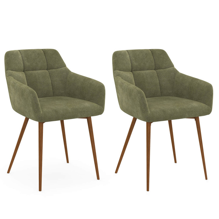 Set di 2 sedie GINA in tessuto di ciniglia verde con gambe effetto noce