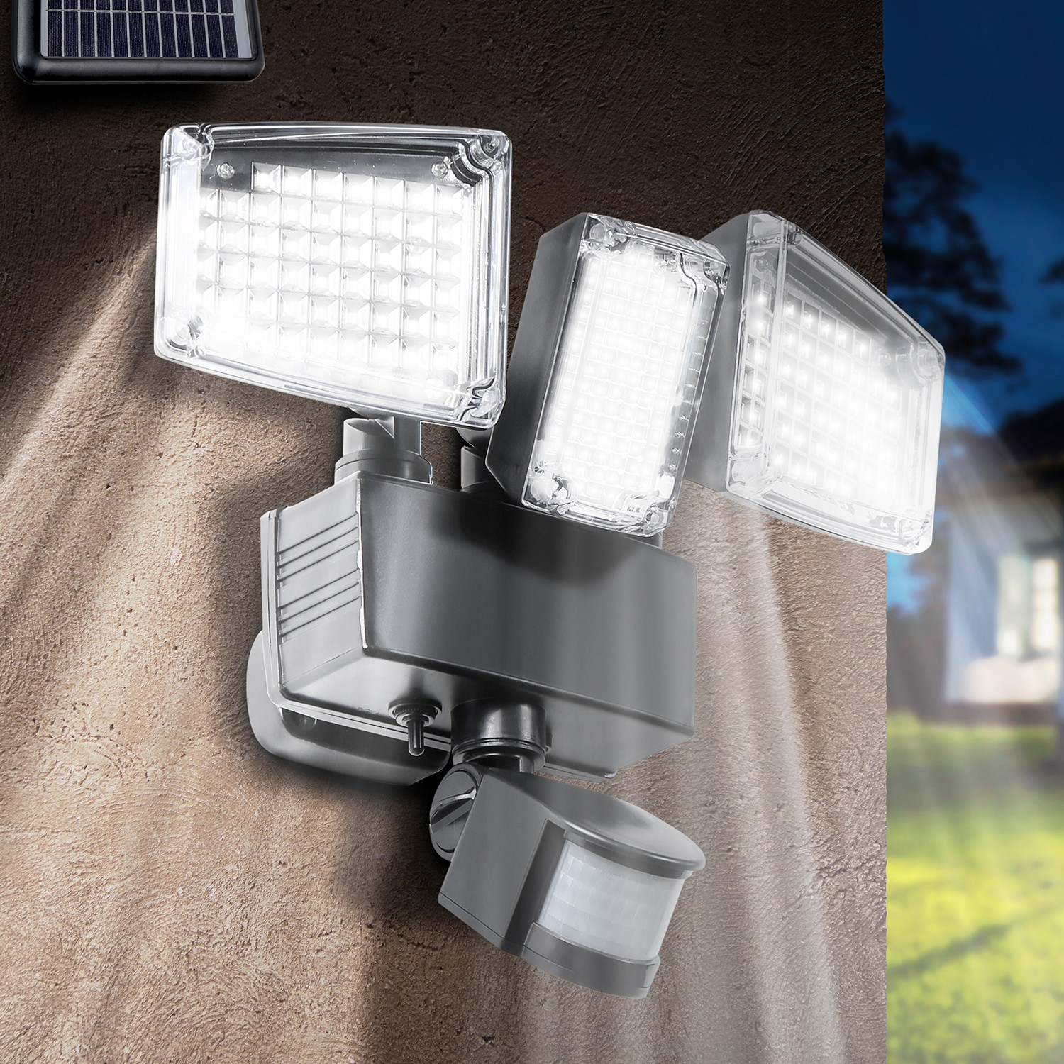 Projecteur LED solaire 3 spots 178 LED avec détecteur de mouvement