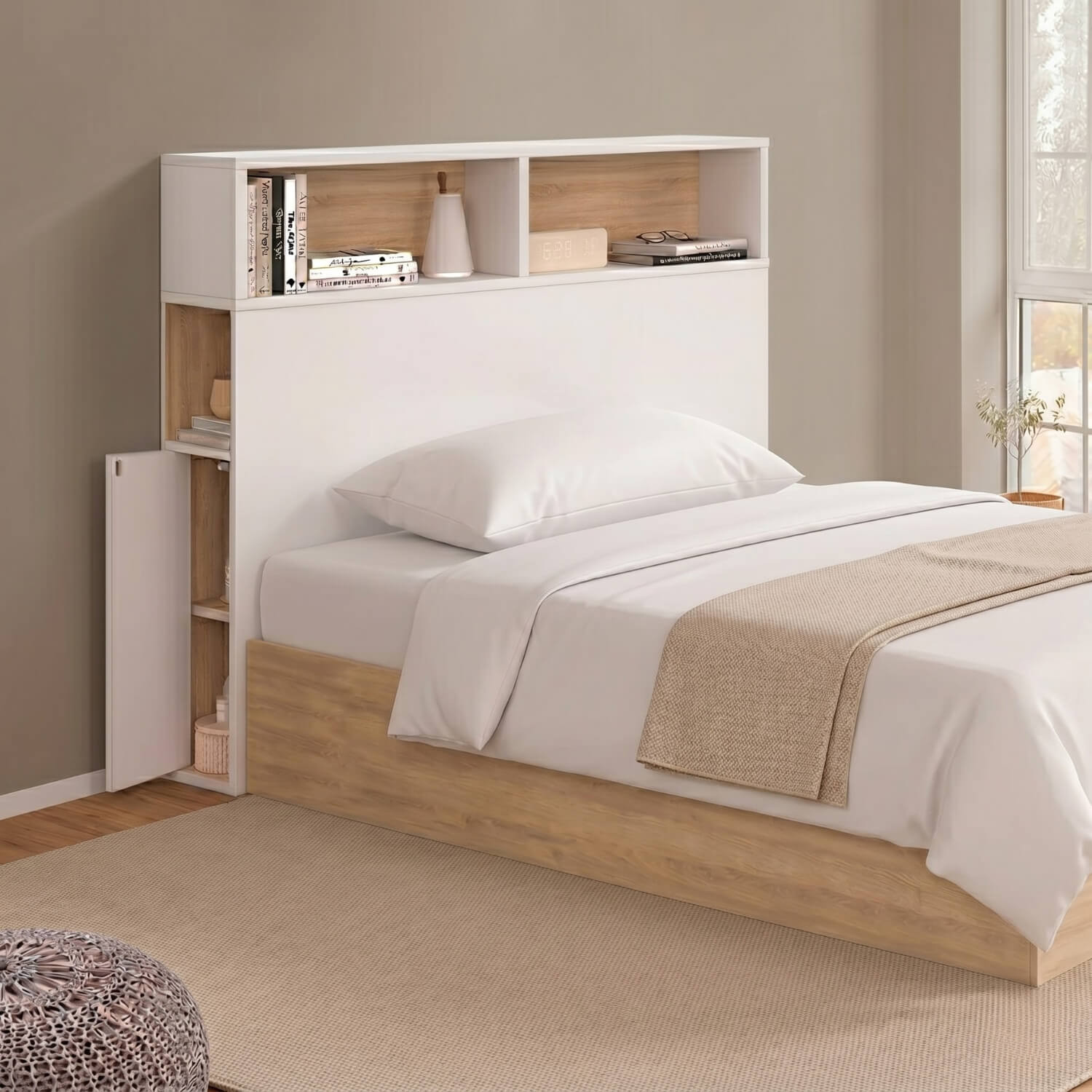 Tête de lit sur pied CLEO 95 cm avec rangements fermés et niches blanc et façon hêtre