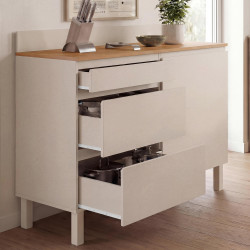 Buffet bas casserolier de cuisine 120 cm CLAUDE plan de travail H.83 cm 1 porte + 3 tiroirs beige