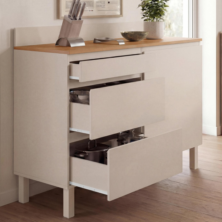 Buffet bas casserolier de cuisine 120 cm CLAUDE plan de travail H.83 cm 1 porte + 3 tiroirs beige