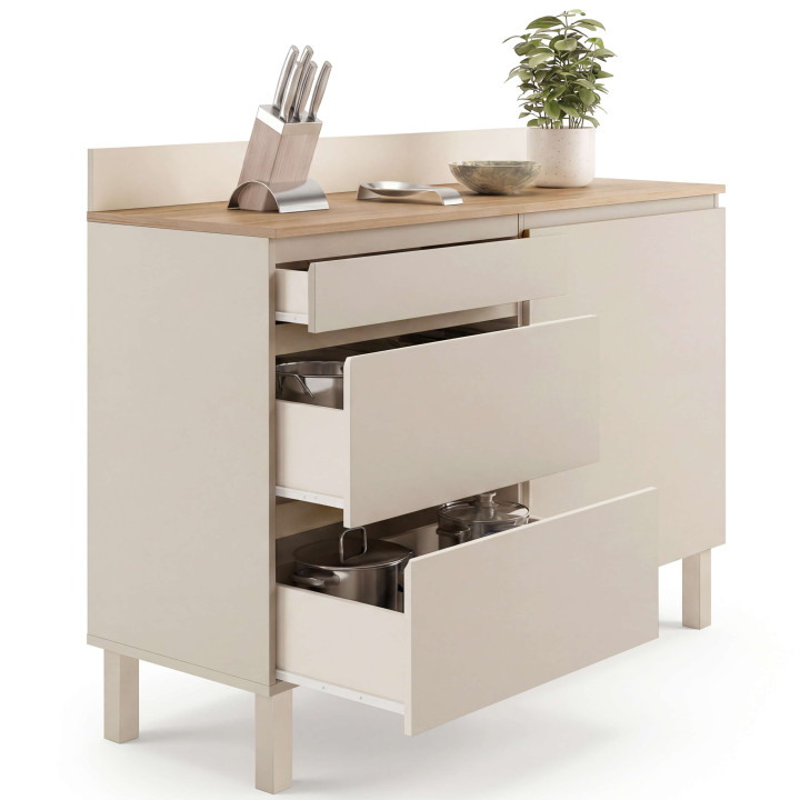 Mueble bajo de cocina con espacio para ollas, 120 cm, modelo CLAUDE, encimera con efecto madera, 83 cm de altura, 1 puerta + 3 c