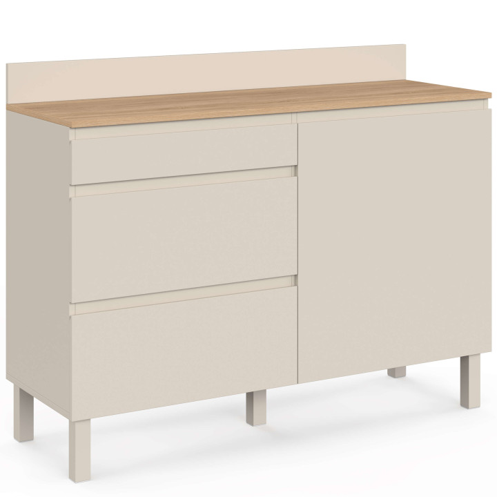 Laag keukenkastje met pannenrek, 120 cm, CLAUDE, werkblad met houtlook, H. 83 cm, 1 deur + 3 lades, beige