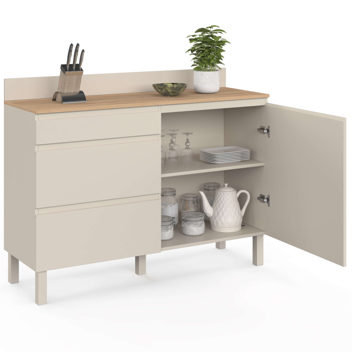 Mueble bajo de cocina con espacio para ollas, 120 cm, modelo CLAUDE, encimera con efecto madera, 83 cm de altura, 1 puerta + 3 c