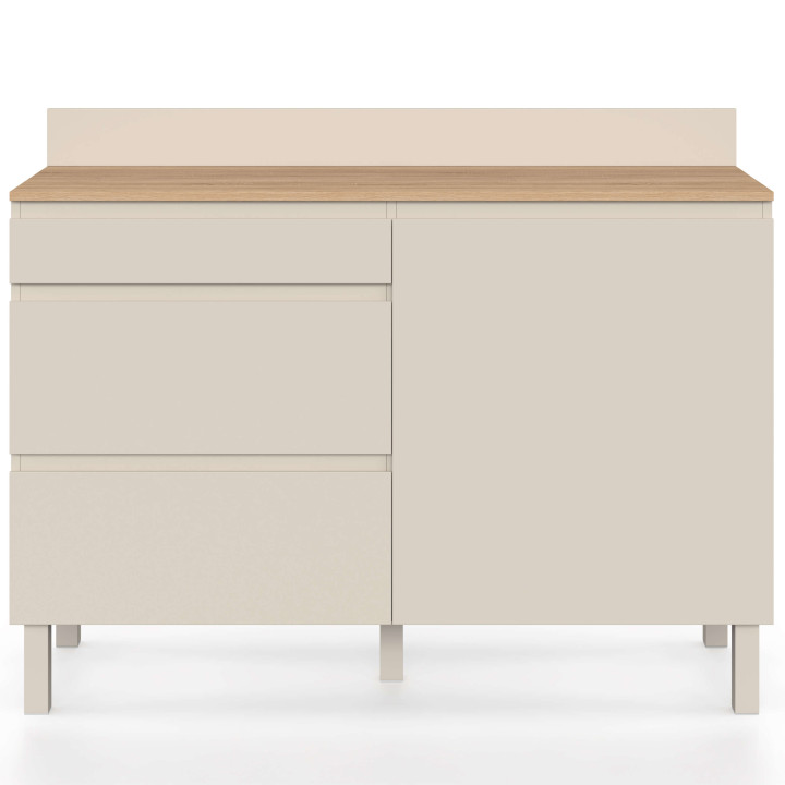 Buffet bas casserolier de cuisine 120 cm CLAUDE plan de travail H.83 cm 1 porte + 3 tiroirs beige