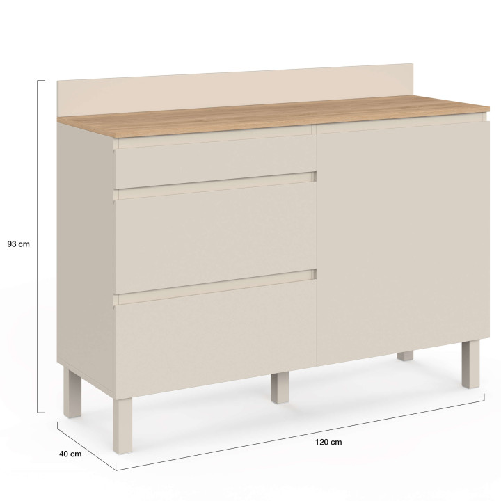 Niedriger Küchenschrank mit Platz für Töpfe und Pfannen, 120 cm, CLAUDE, Arbeitsplatte in Holzoptik, H. 83 cm, 1 Tür + 3 Schubla