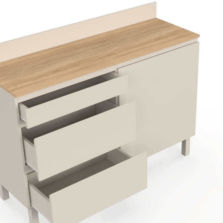 Buffet bas casserolier de cuisine 120 cm CLAUDE plan de travail H.83 cm 1 porte + 3 tiroirs beige