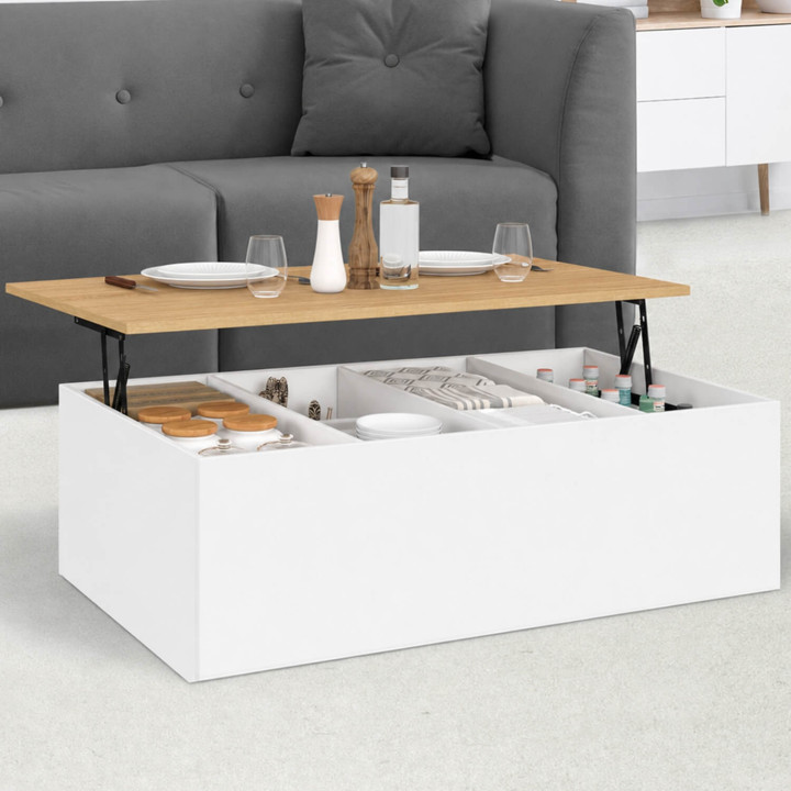 Rechteckiger Couchtisch ELEA mit hochklappbarer Tischplatte (100 cm), großem Stauraum aus weißem Holz in Buche-Optik