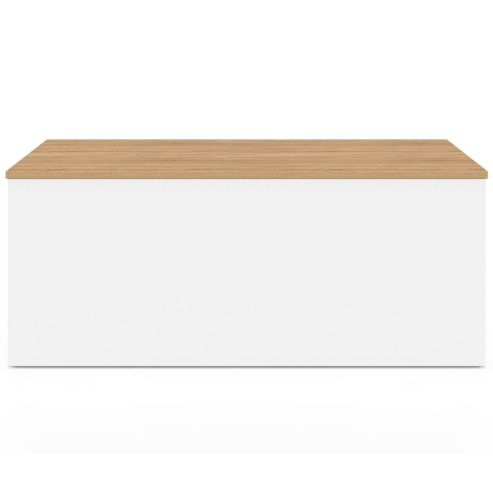 Mesa de centro rectangular con tablero elevable ELEA de 100 cm, con un amplio compartimento de madera blanca y acabado en haya