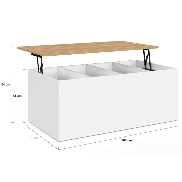 Rechthoekige salontafel ELEA met hefbaar blad van 100 cm, met grote opbergruimte van wit hout en beukenhoutlook