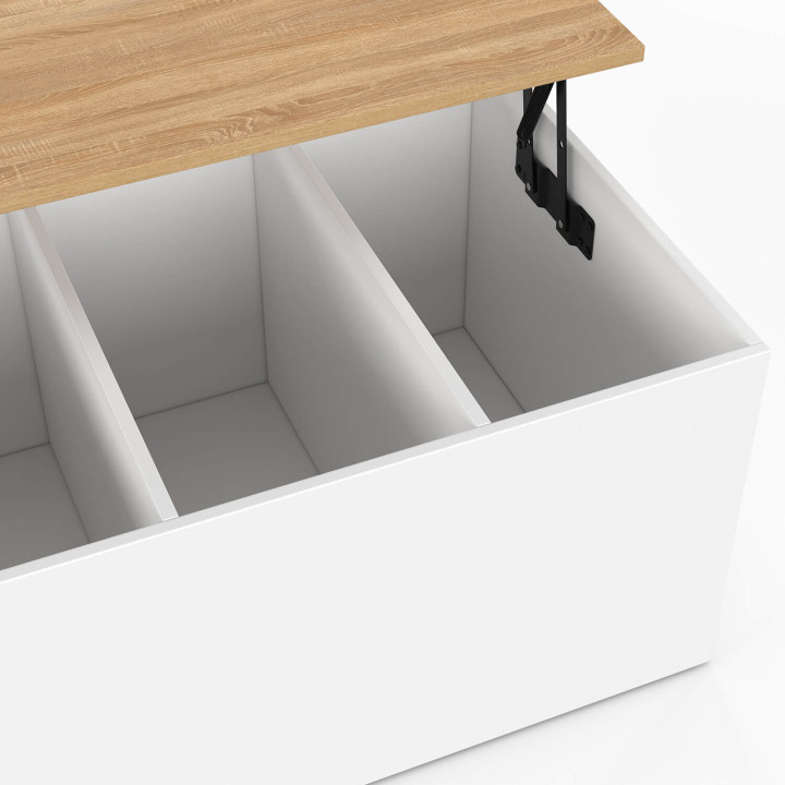 Table basse plateau relevable rectangulaire ELEA 110 cm avec grand coffre bois blanc et façon hêtre