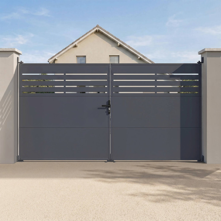 Portone a battente 300 x 160 cm in acciaio traforato grigio antracite